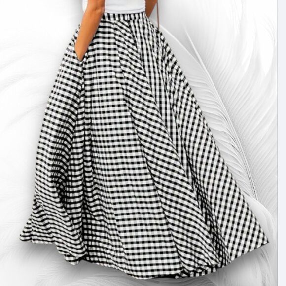 Black & White Gingham Maxi Skirt A-Line High Waist A-Line with Pockets - Picture 2 of 8